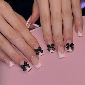 Black French Tips Press on Nails 3D White Bowknot Alloy Stars Designs Fake Nails Ballet Charms False Nails Korean Manicure